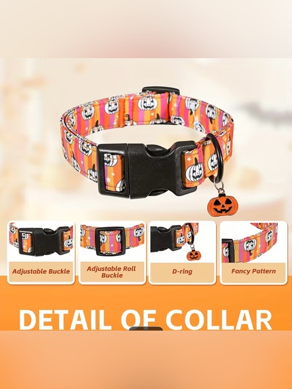 Halloween Pumpkin Dog Collar w/charm. Small, Medium or Large. - Picture 5 of 6